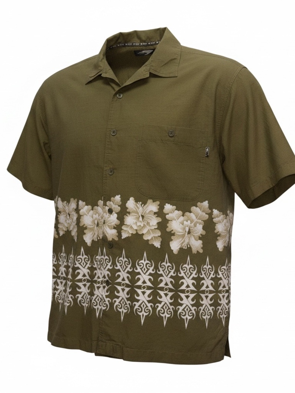 Ying Yang Olive Green Hawaiian Camp Shirt XL Hibiscus Tribal Print